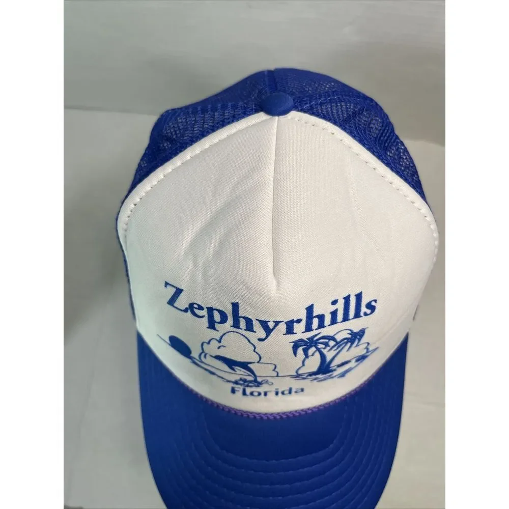 Vintage Zephyrhills Florida Snapback Trucker Hat White Blue‎ Ocean Beach Dolphin